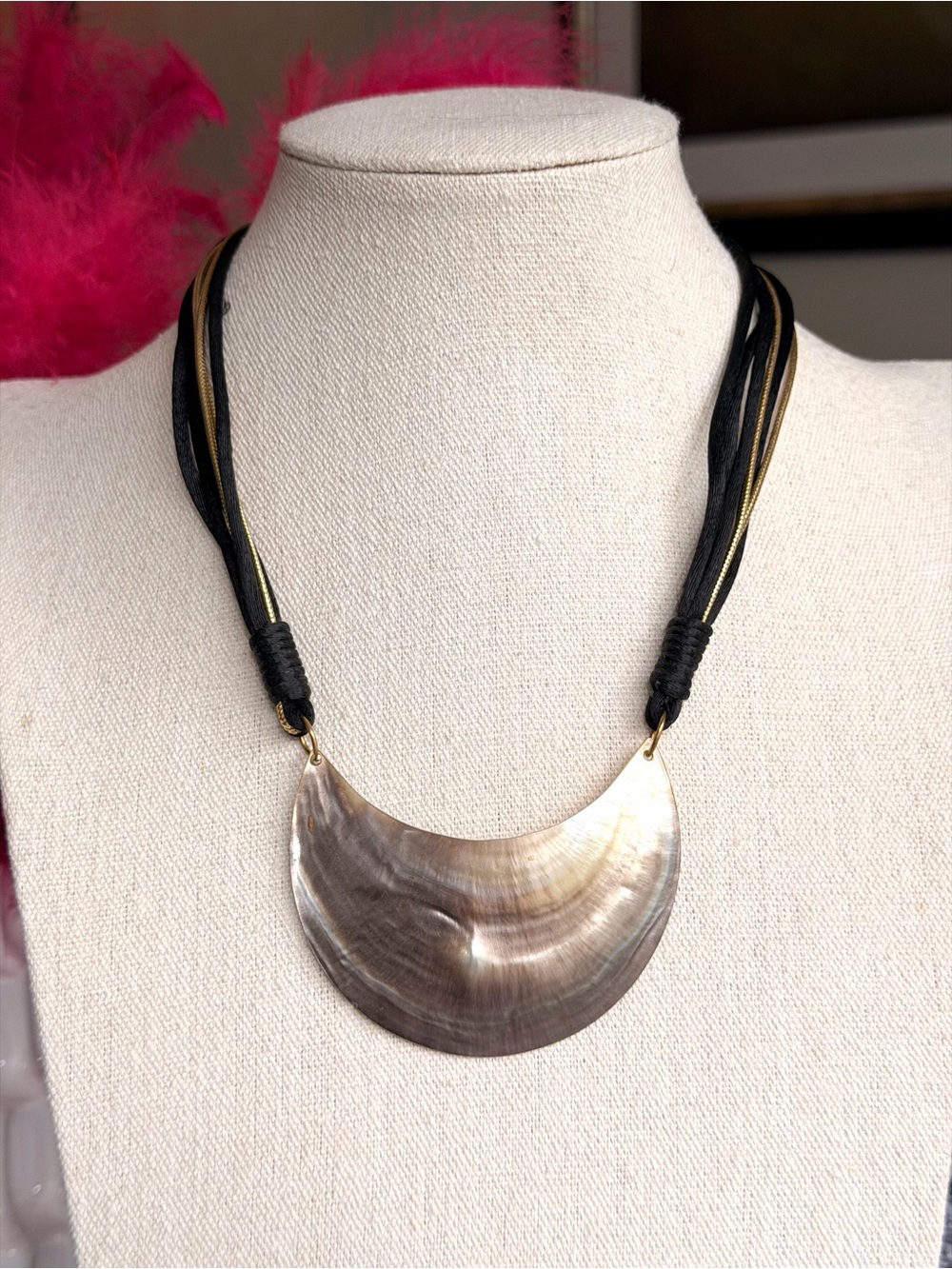 Genuine Shell Crescent Necklace Black Gold Cord Statement Boho Coastal 18”
